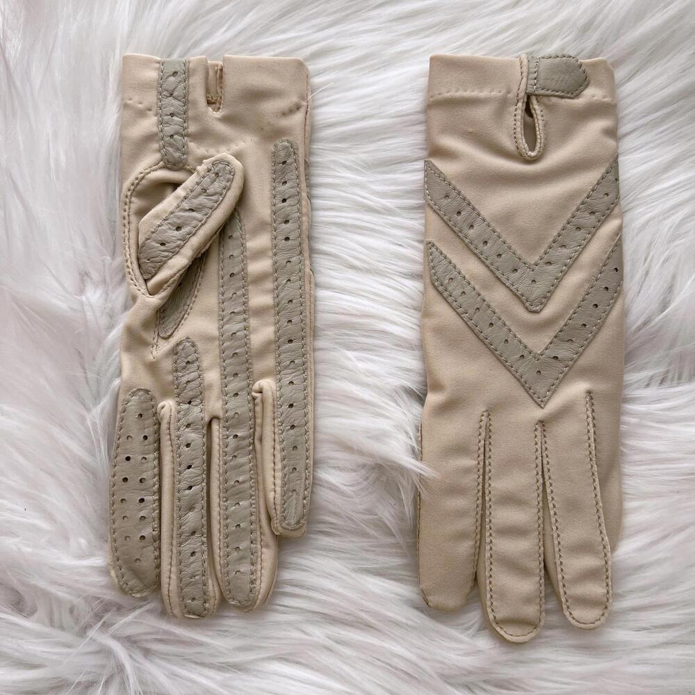 Vintage Isotoner Bone one size gloves leather trimmed stretch - Picture 2 of 7